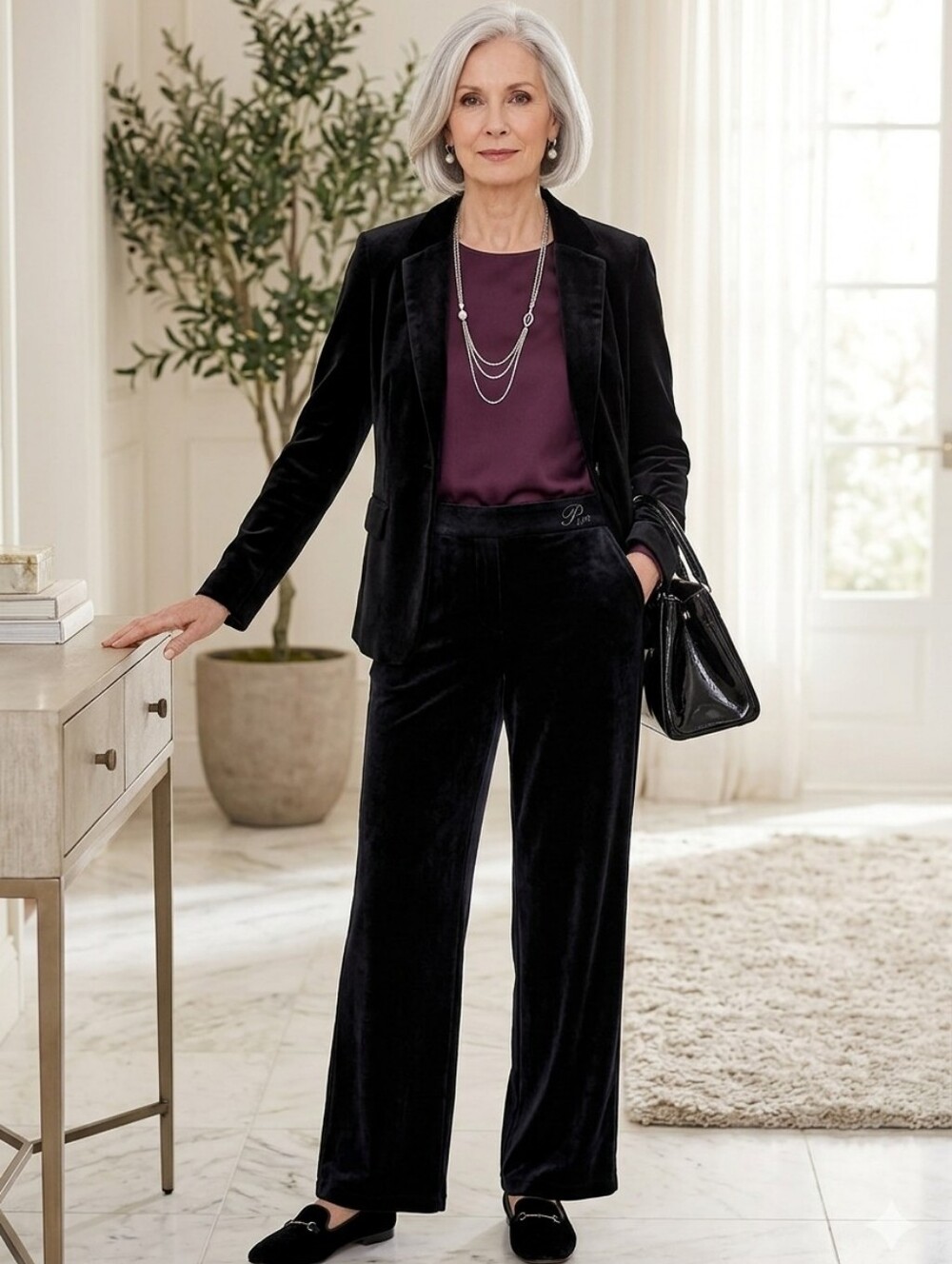 J JILL Black Velvet Pants Wearever Collection  Full Leg Smooth Fit Elastic Sz MP